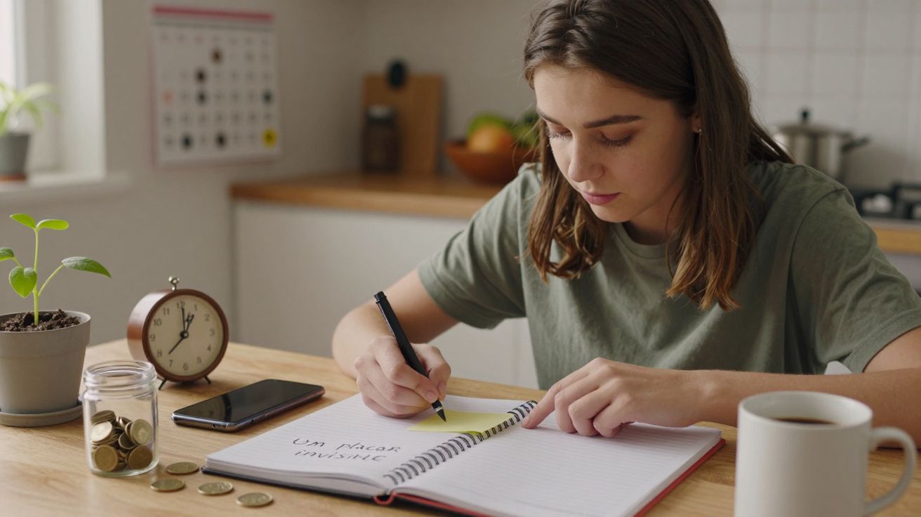Mulher escreve em caderno numa mesa com chávena, moedas e relógio.