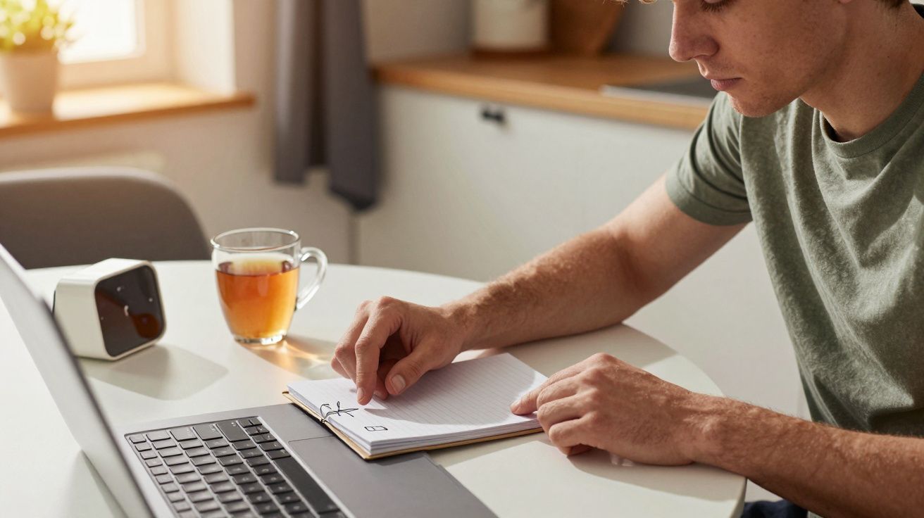 Homem escreve num bloco de notas à mesa com portátil e chávena de chá, à luz natural.