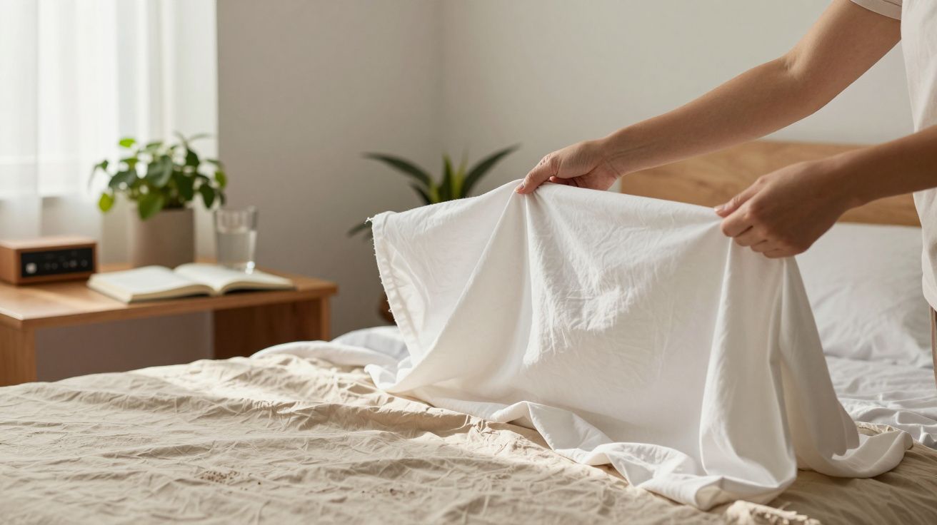 Pessoa a fazer a cama com lençóis brancos num quarto iluminado. Mesa com livro, copo e planta ao fundo.