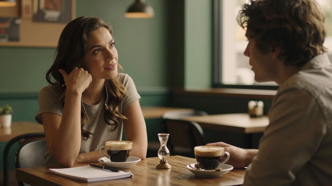 Mulher e homem conversam numa cafetaria com café e bloco de notas na mesa.