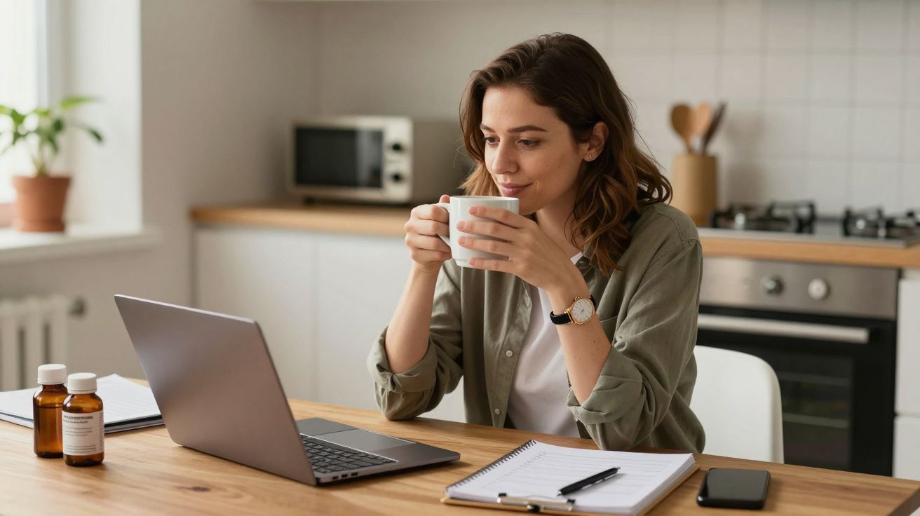 Mulher a trabalhar no portátil numa cozinha, segurando uma chávena, com caderno e medicamentos na mesa.
