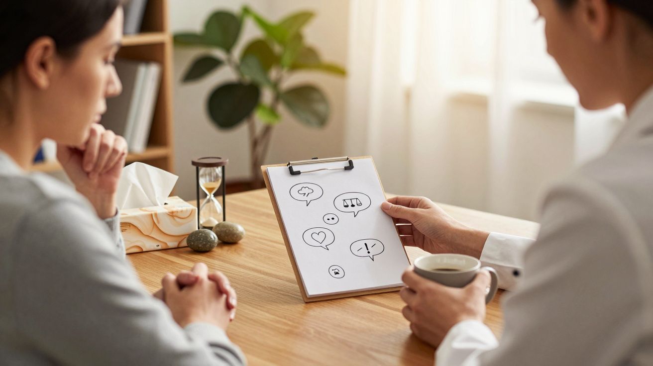 Dois indivíduos discutem desenhos simbólicos num bloco de notas enquanto estão sentados a uma mesa de madeira.