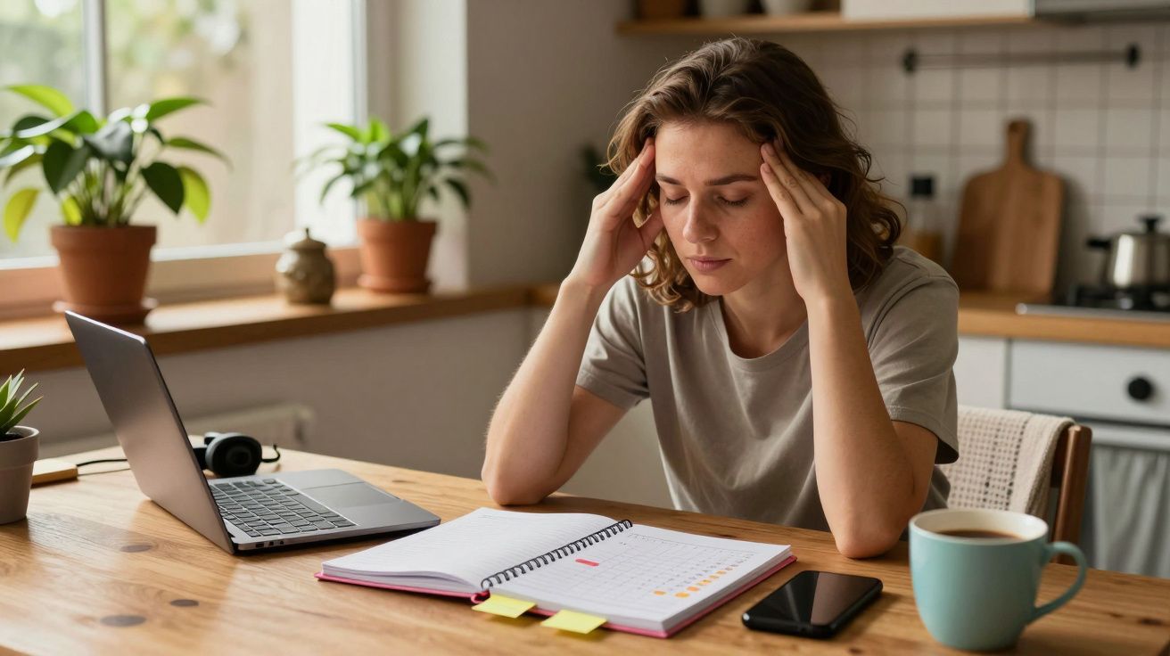 Mulher stressada trabalha em casa, mãos na cabeça, laptop e agenda abertos, na cozinha com plantas.