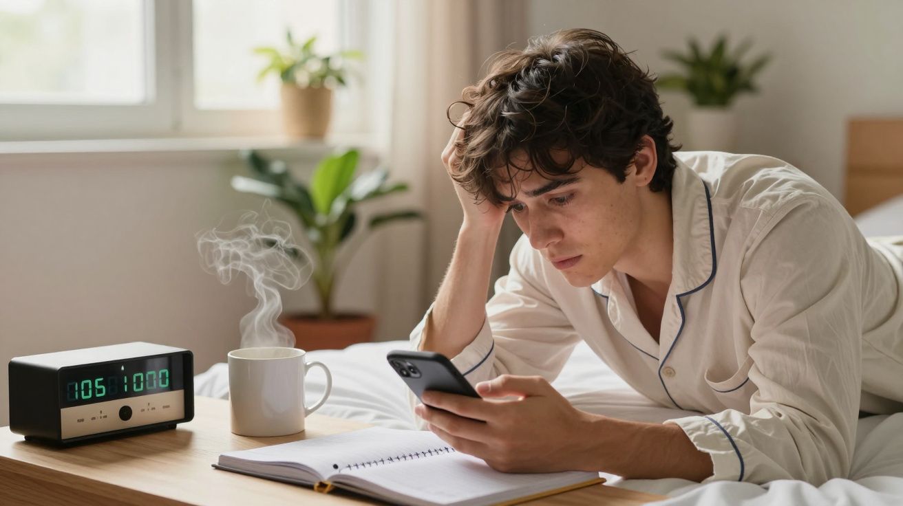 Homem de pijama na cama, segurando smartphone, com chá e caderno abertos ao lado, perto de rádio-relógio.