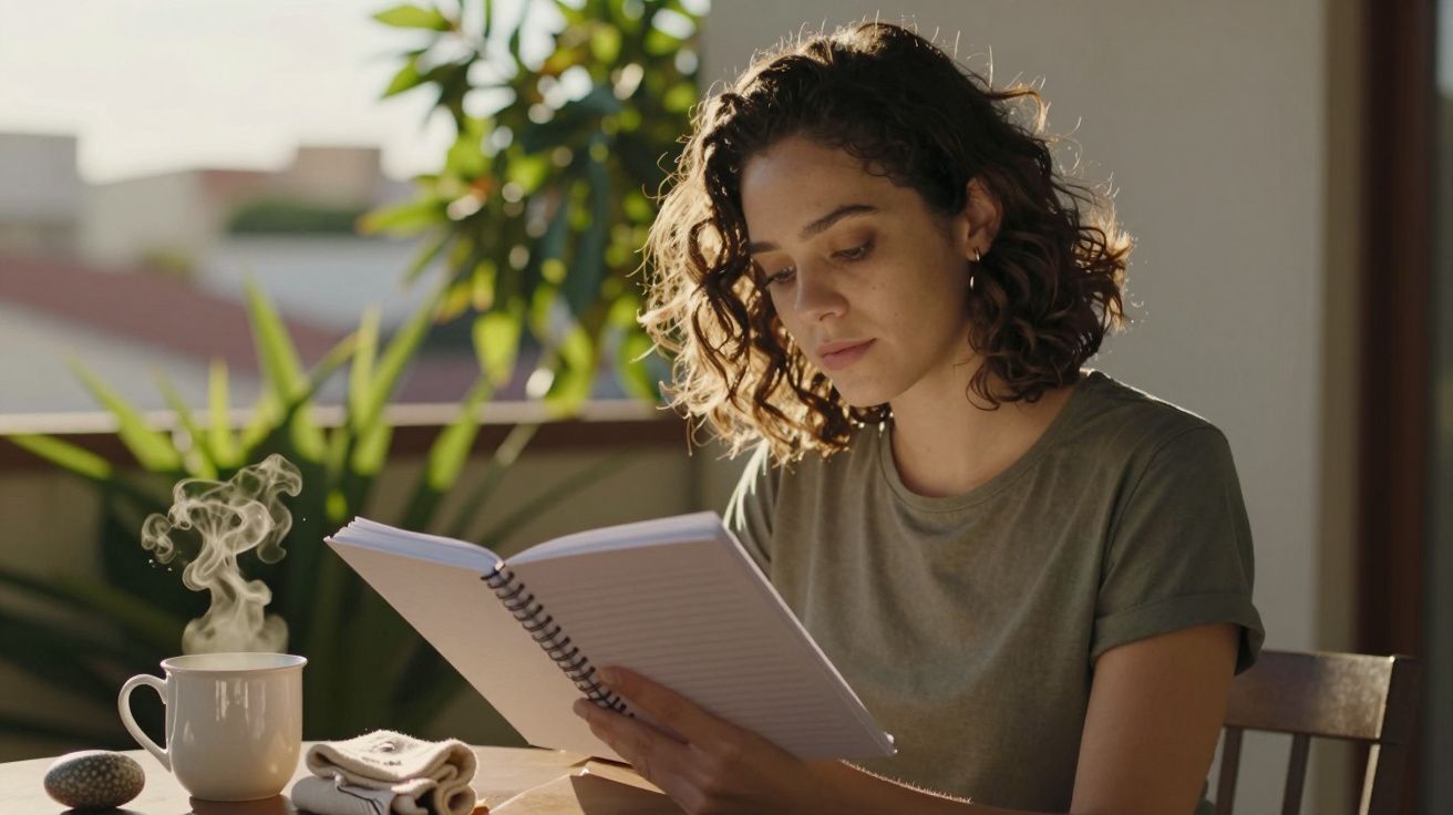 Mulher sentada a ler um caderno numa mesa com uma chávena fumegante e plantas ao fundo.