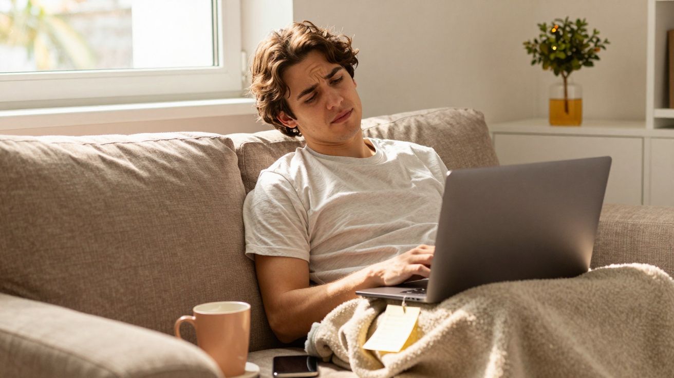 Homem sentado num sofá a trabalhar no portátil com expressão cansada, coberto por uma manta, ao lado de chávena e smartphone.