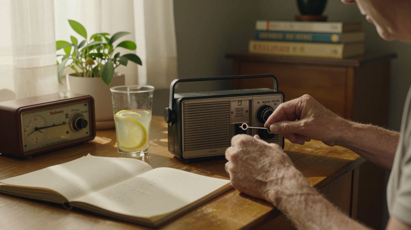 Mãos ajustam rádio antigo em mesa com caderno aberto, copo de água com limão e pequena planta ao lado da janela.