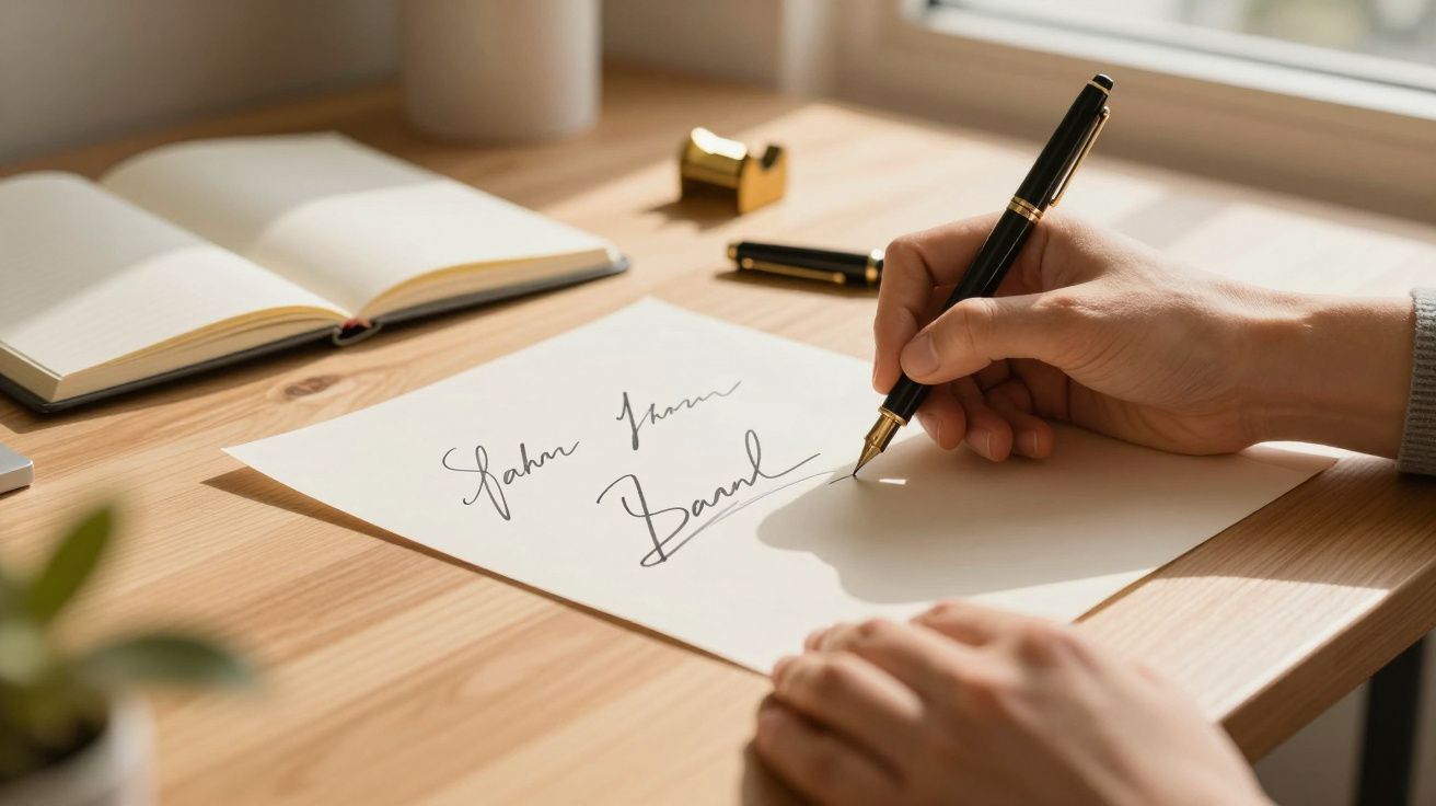 Pessoa a escrever uma carta à mão com uma caneta de tinta preta sobre uma mesa de madeira, ao lado de um caderno aberto.