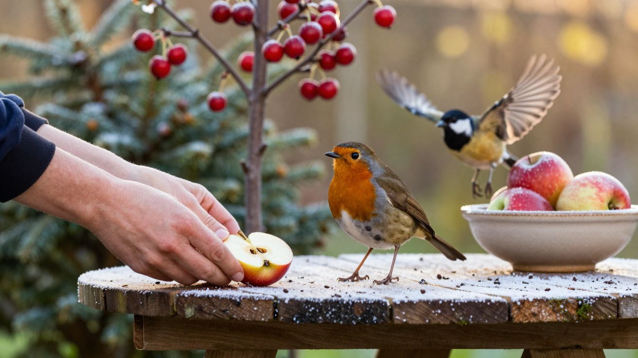 Mão segura maçã fatiada sobre mesa de madeira com pássaro e malmequer, prato de maçãs e galho com bagas vermelhas.