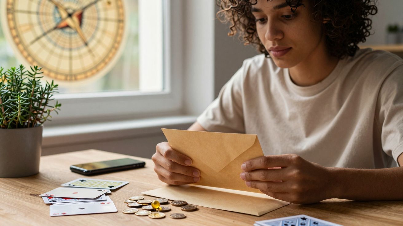 Pessoa a ler uma carta numa mesa com cartas de baralho, moedas, uma moldura e um telemóvel ao lado.