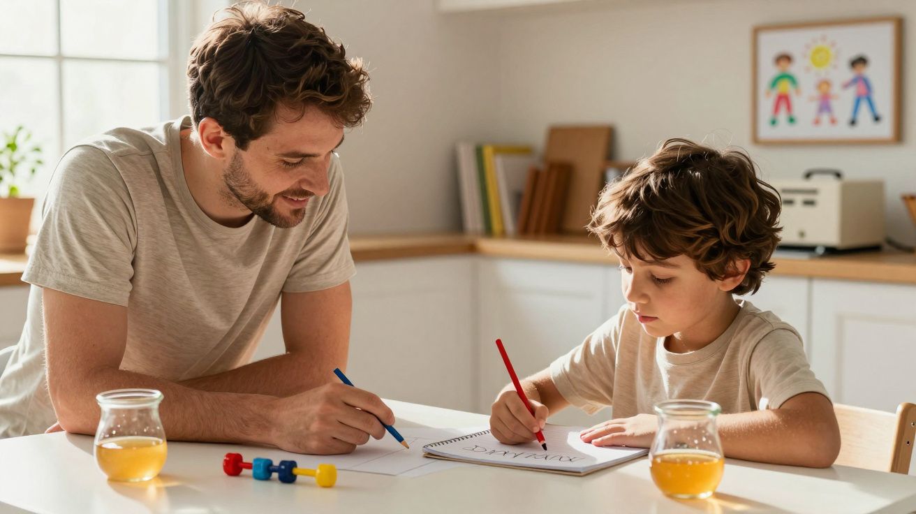 Pai e filho desenham juntos à mesa da cozinha com lápis de cor, acompanhados por copos de sumo.