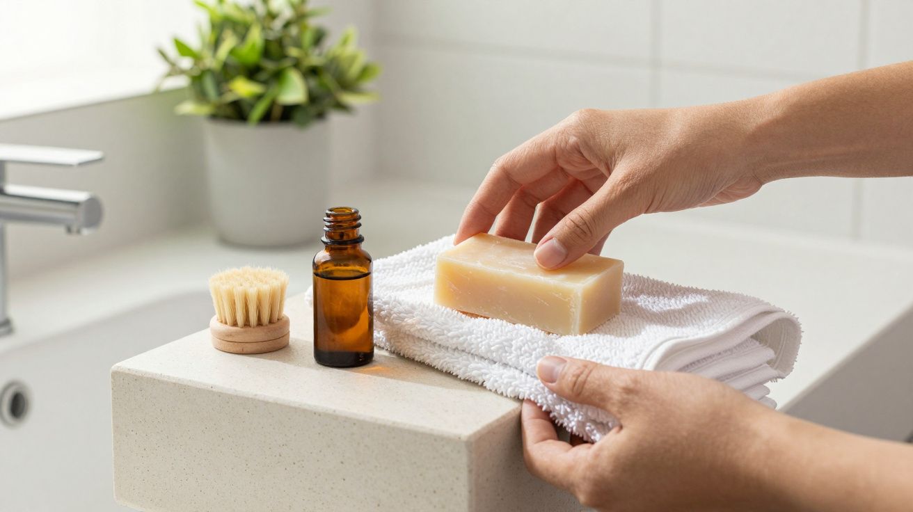 Mãos colocam um sabonete sobre toalhas brancas ao lado de uma escova e uma garrafa âmbar numa casa de banho.