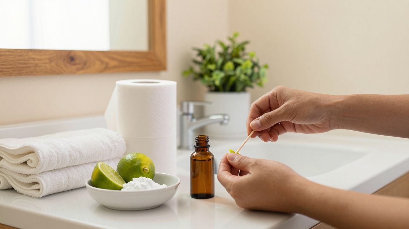 Mãos seguram um pauzinho perto de um frasco no lavatório, com toalhas, rolo de papel, limão e planta decorativa ao fundo.