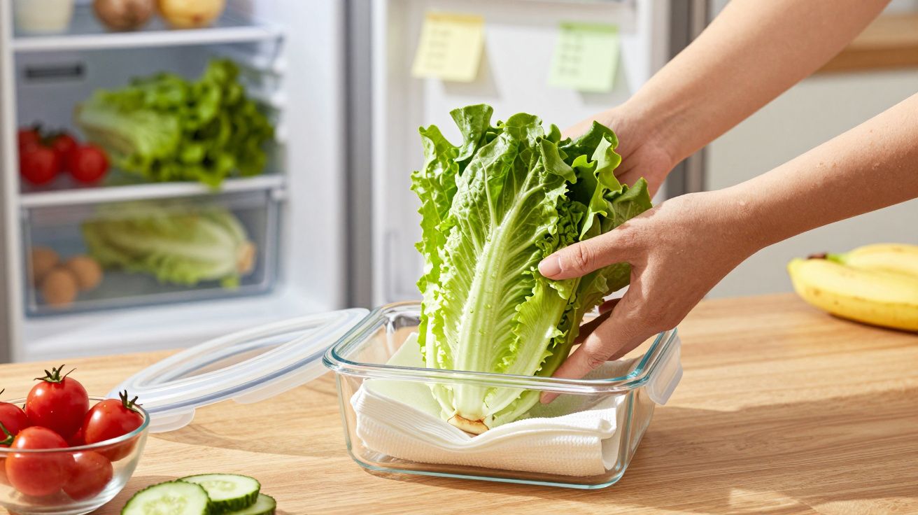 Mãos colocando alface num recipiente de vidro na cozinha; ao fundo, um frigorífico com legumes e frutas.
