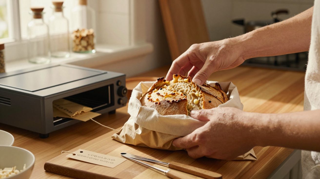 Pessoa a segurar pão fresco embrulhado ao lado de forno na bancada de madeira clara numa cozinha iluminada.