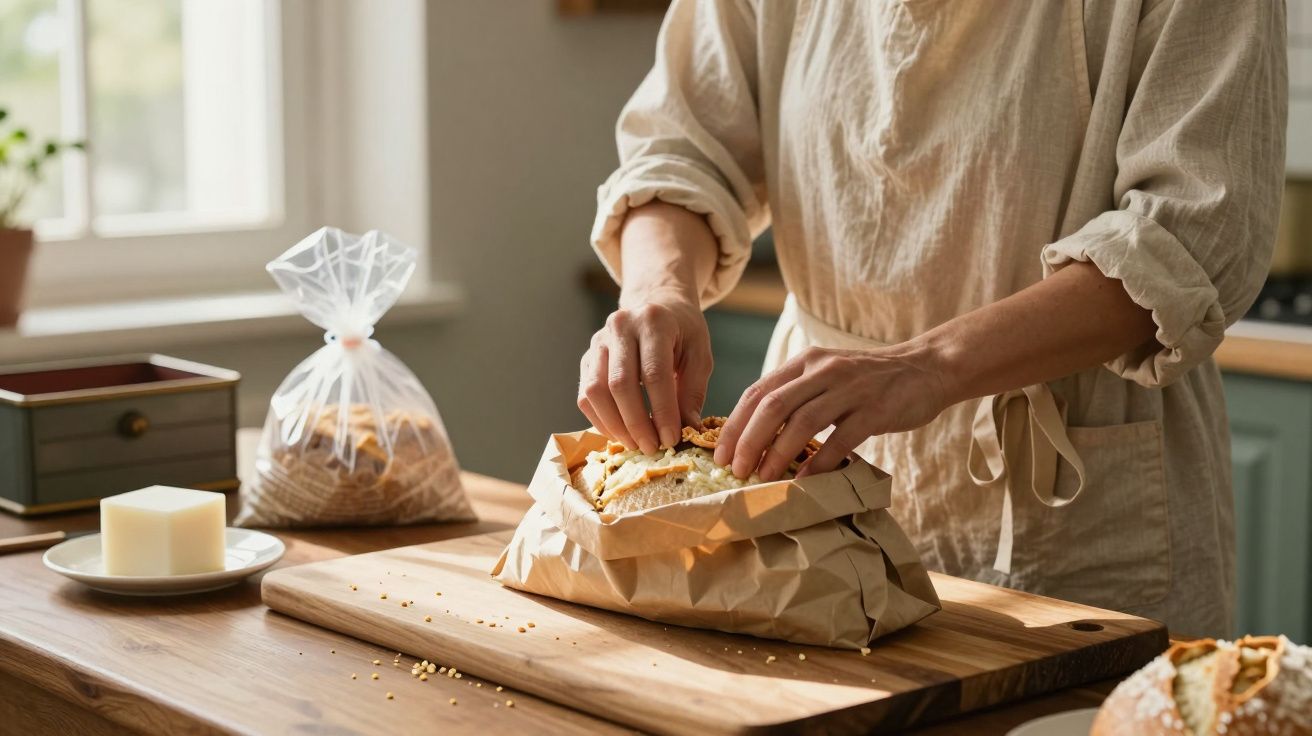Pessoa a embalar pão num saco de papel na cozinha, com um pacote de comida e queijo ao lado.