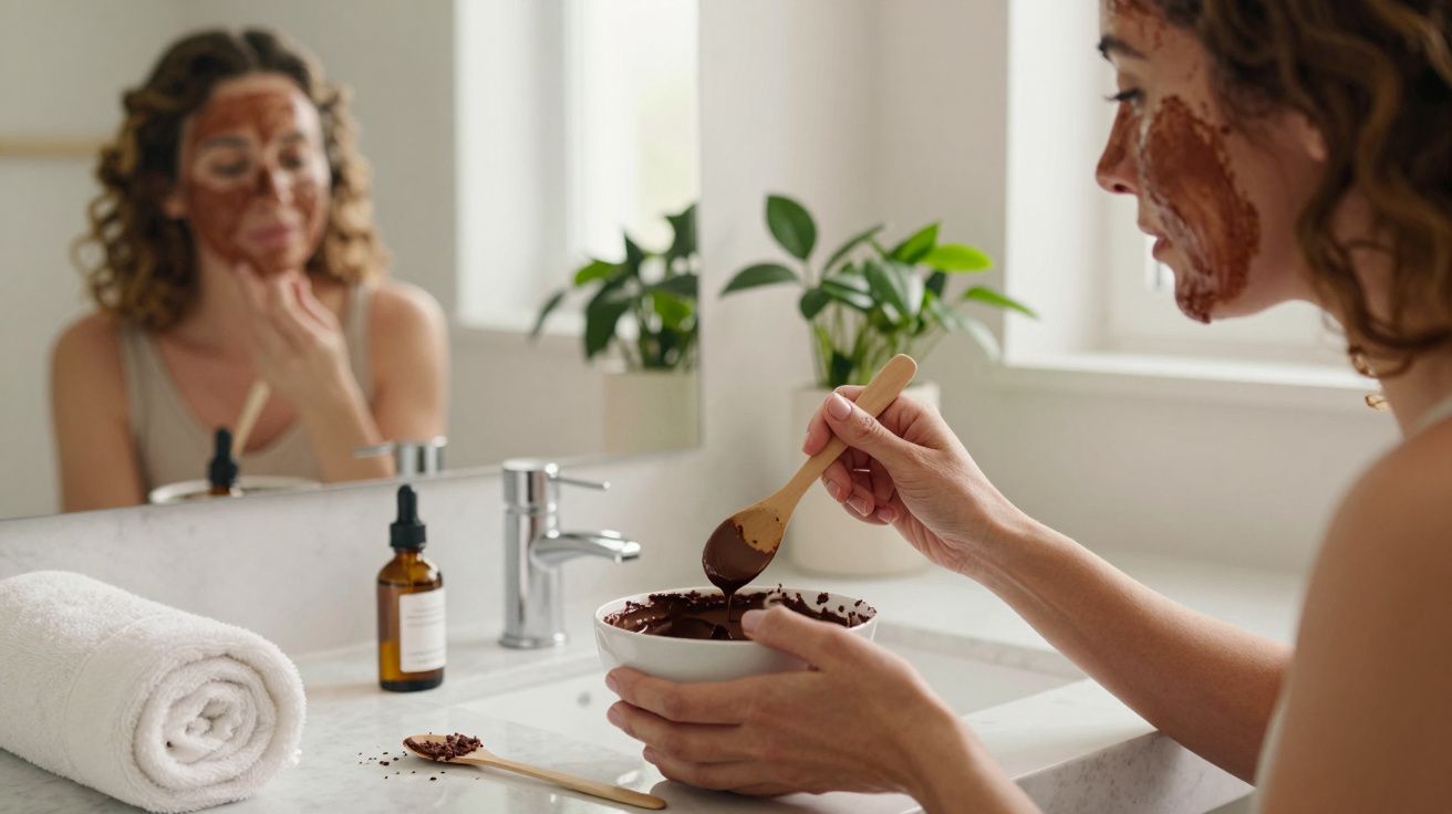 Mulher aplica máscara facial caseira de chocolate em casa de banho, com planta ao fundo e toalha enrolada na bancada.