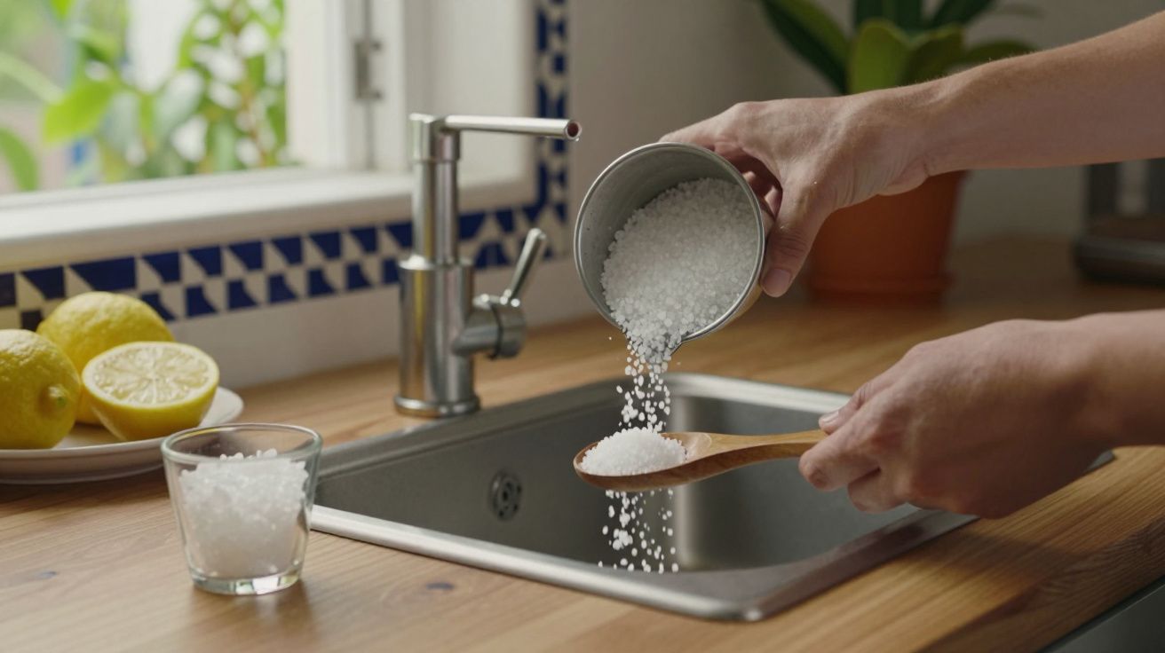 Mãos despejando sal grosso numa colher de pau sobre um lava-loiça, com limões ao lado.