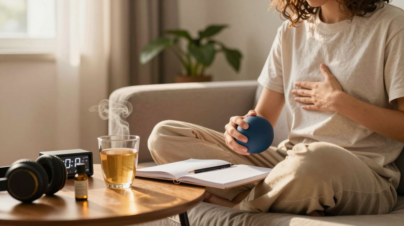 Mulher sentada no sofá, segurando bola azul, com chá e caderno na mesa. Aromaterapia ao lado.