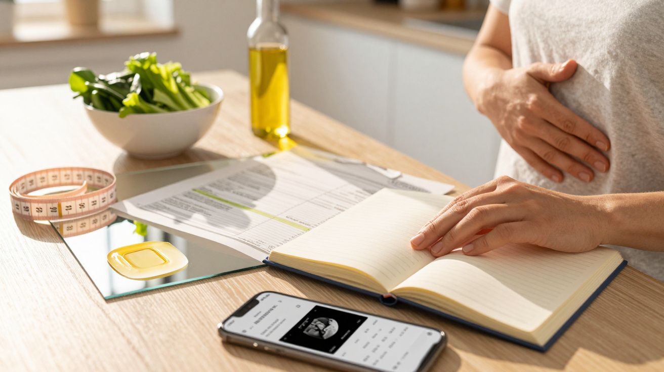 Pessoa com a mão no estômago, escrevendo num caderno sobre uma mesa com legumes, fita métrica e smartphone.