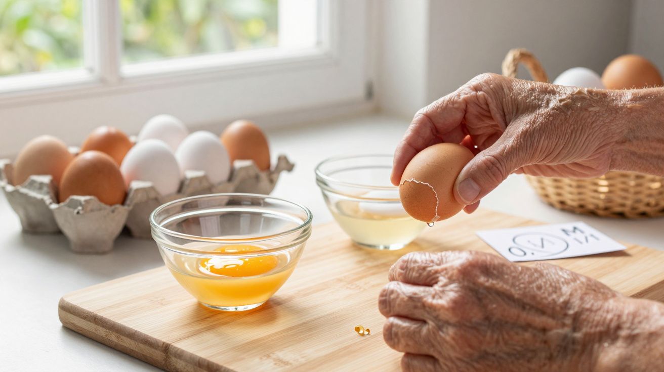 Mãos de uma pessoa partem um ovo em duas tigelas de vidro sobre uma tábua de madeira, com ovos ao fundo.