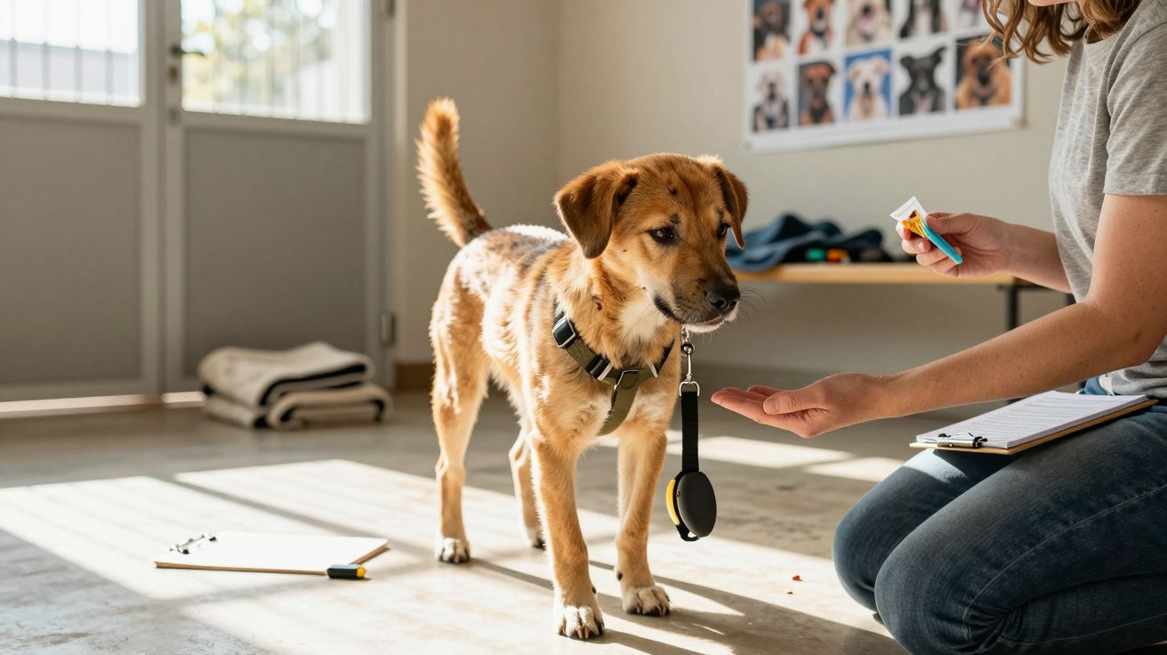 Cão castanho em sala de treino recebe recompensa de uma pessoa ajoelhada com bloco de notas.