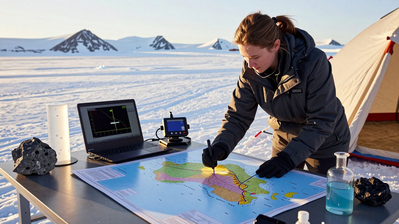 Mulher analisa mapa na Antártida com laptop e amostras de rocha sobre mesa.