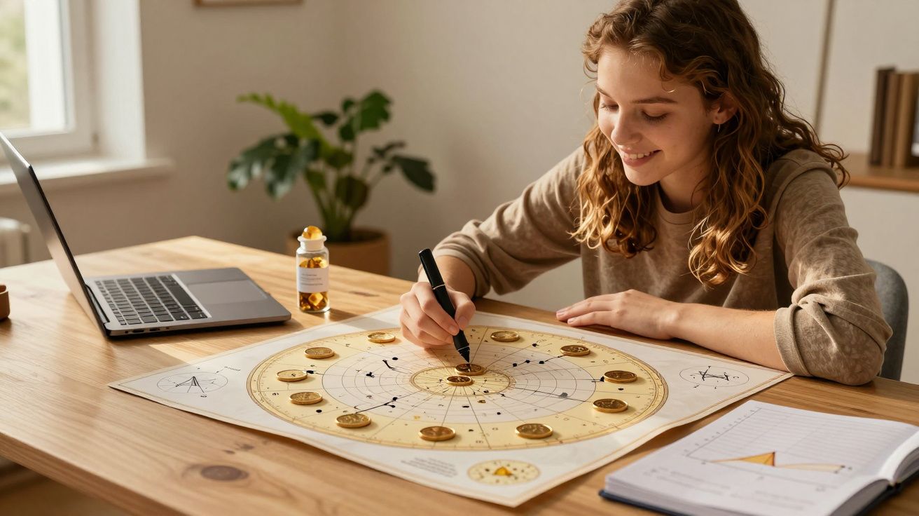 Mulher a desenhar num mapa astrológico numa mesa com um portátil e caderno, com planta ao fundo.