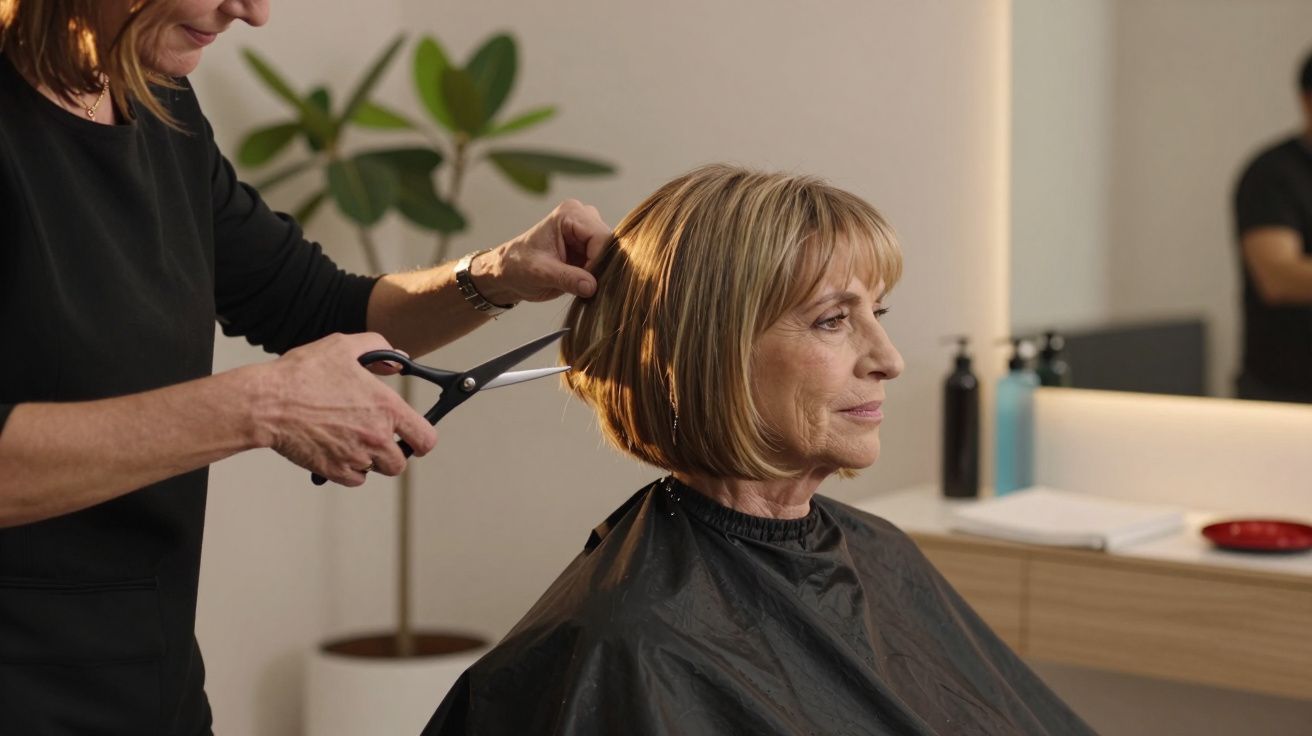 Mulher de cabelos curtos a ser penteada num salão de cabeleireiro.