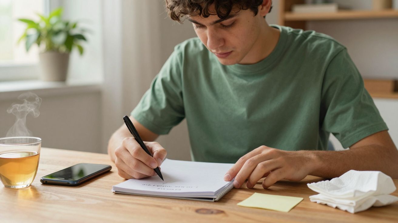Jovem a escrever num caderno sobre uma mesa de madeira, com chá quente e telemóvel ao lado.