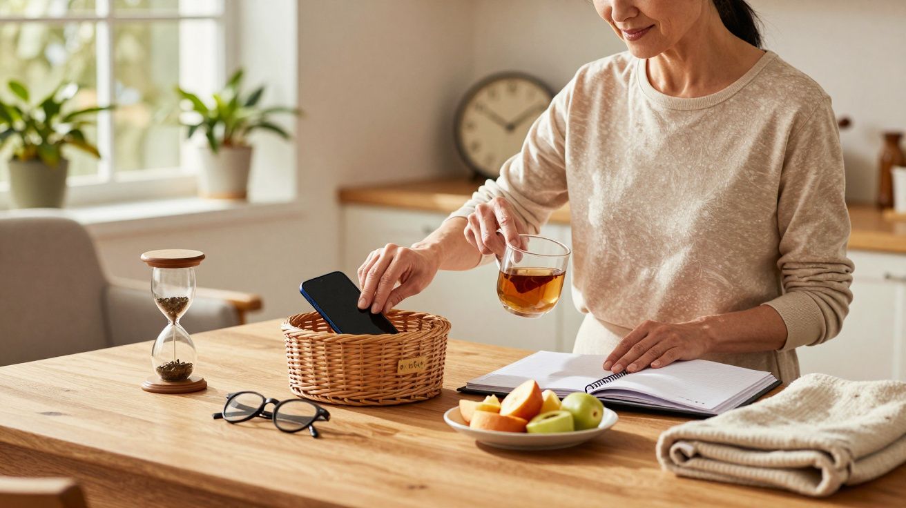 Mulher numa cozinha, coloca o telemóvel num cesto enquanto segura chá ao lado de frutas, óculos e uma ampulheta.
