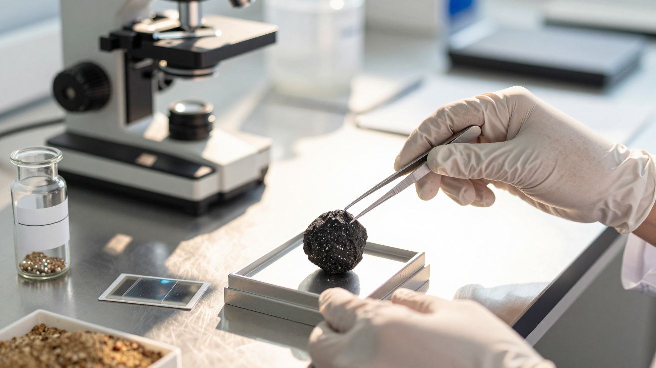 Cientista segura amostra de rocha negra com pinça em laboratório, ao lado de um microscópio.