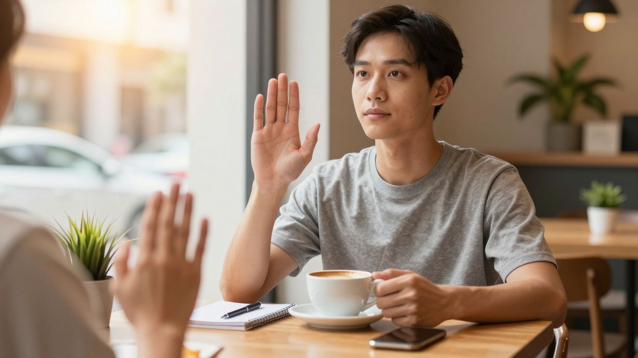 Homem de cabelos curtos, com uma chávena de café, levanta a mão num café iluminado, olhando para a frente.