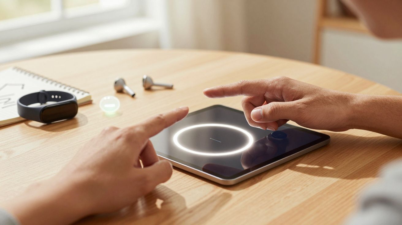 Duas pessoas usam um tablet sobre uma mesa de madeira, ao lado de auriculares e um caderno.