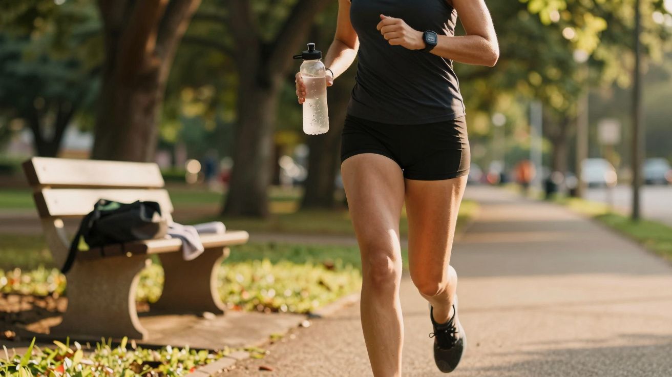 Pessoa a correr num parque com garrafa de água na mão e banco vazio ao fundo.