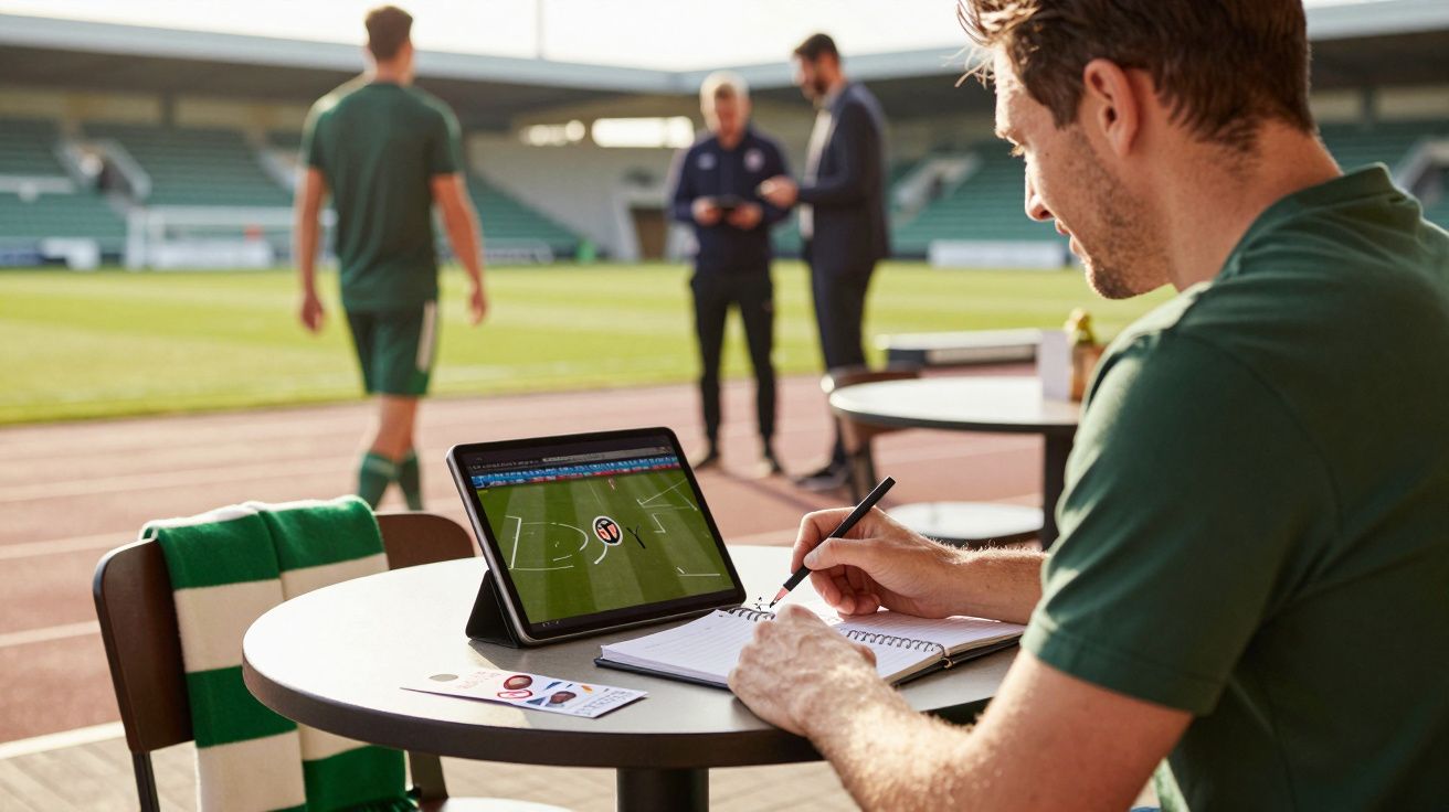 Homem escreve em caderno com tablet à frente, enquanto assiste a treino de futebol no estádio.