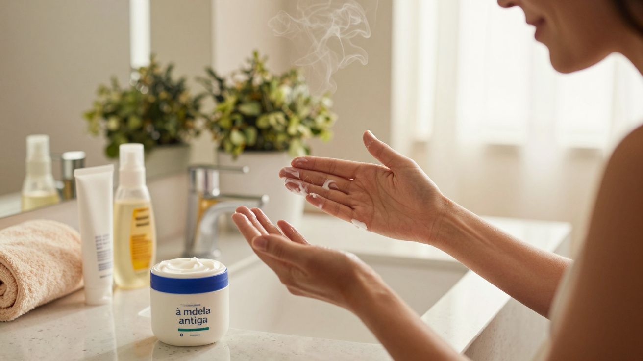 Mulher aplicando creme em frente a um lavatório com toalha e produtos cosméticos ao fundo.