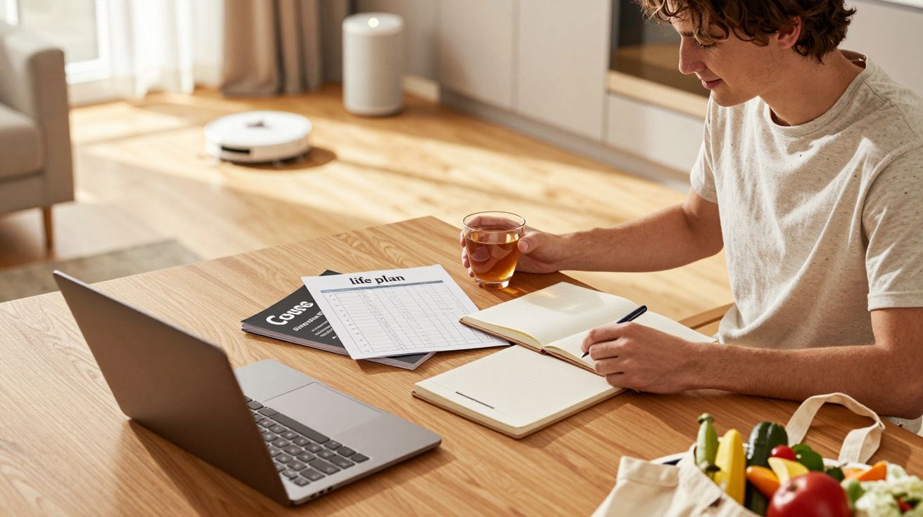 Homem a trabalhar num portátil com chá e caderno, rodeado de documentos e frutas, num espaço organizado e luminoso.