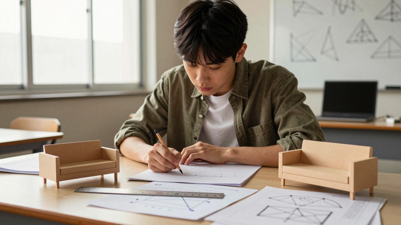 Jovem a desenhar num caderno com réguas e modelos em miniatura de sofá numa sala de aula.