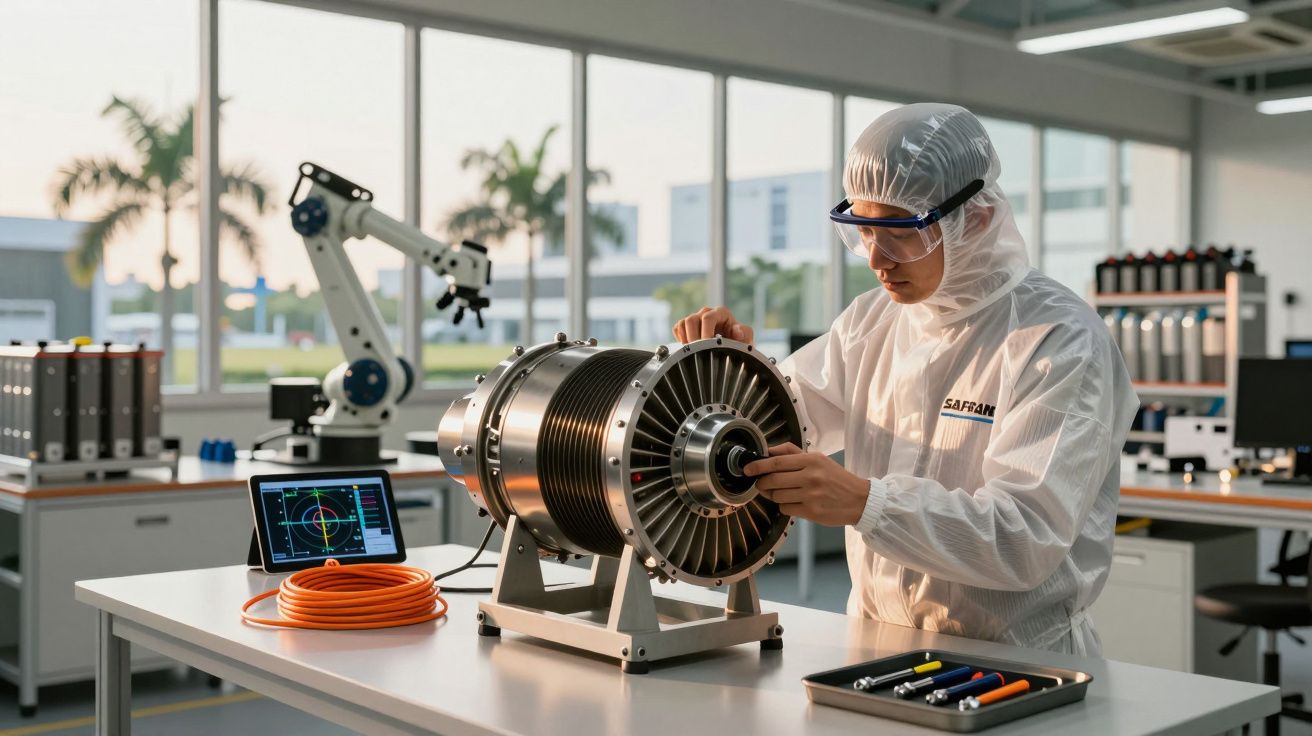 Técnico, vestido com fato de proteção, trabalha num motor numa sala limpa com equipamento técnico e janela ao fundo.