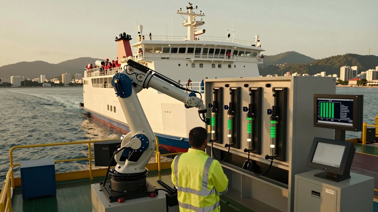 Homem opera braço robótico em ferry, com cidade e montanhas ao fundo, sob céu claro.