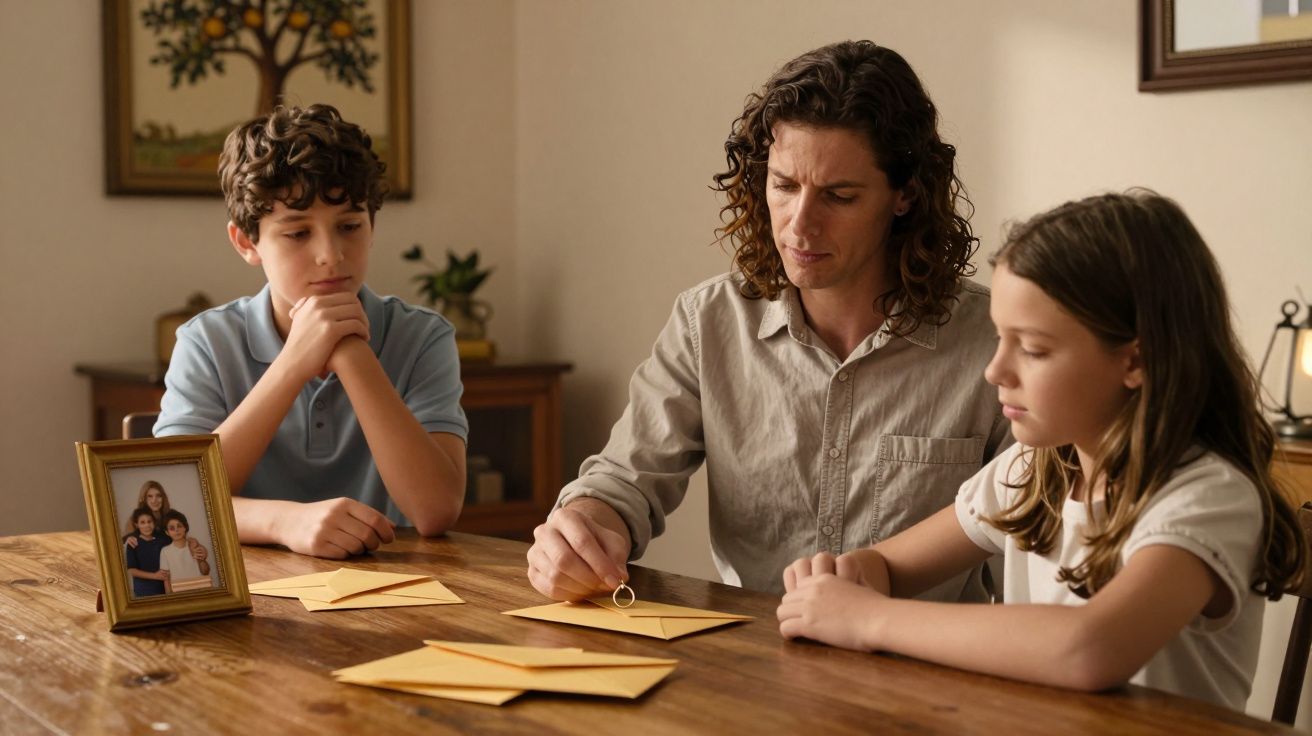 Homem e duas crianças sentados à mesa com envelopes e foto de família, sob uma luz suave numa sala.