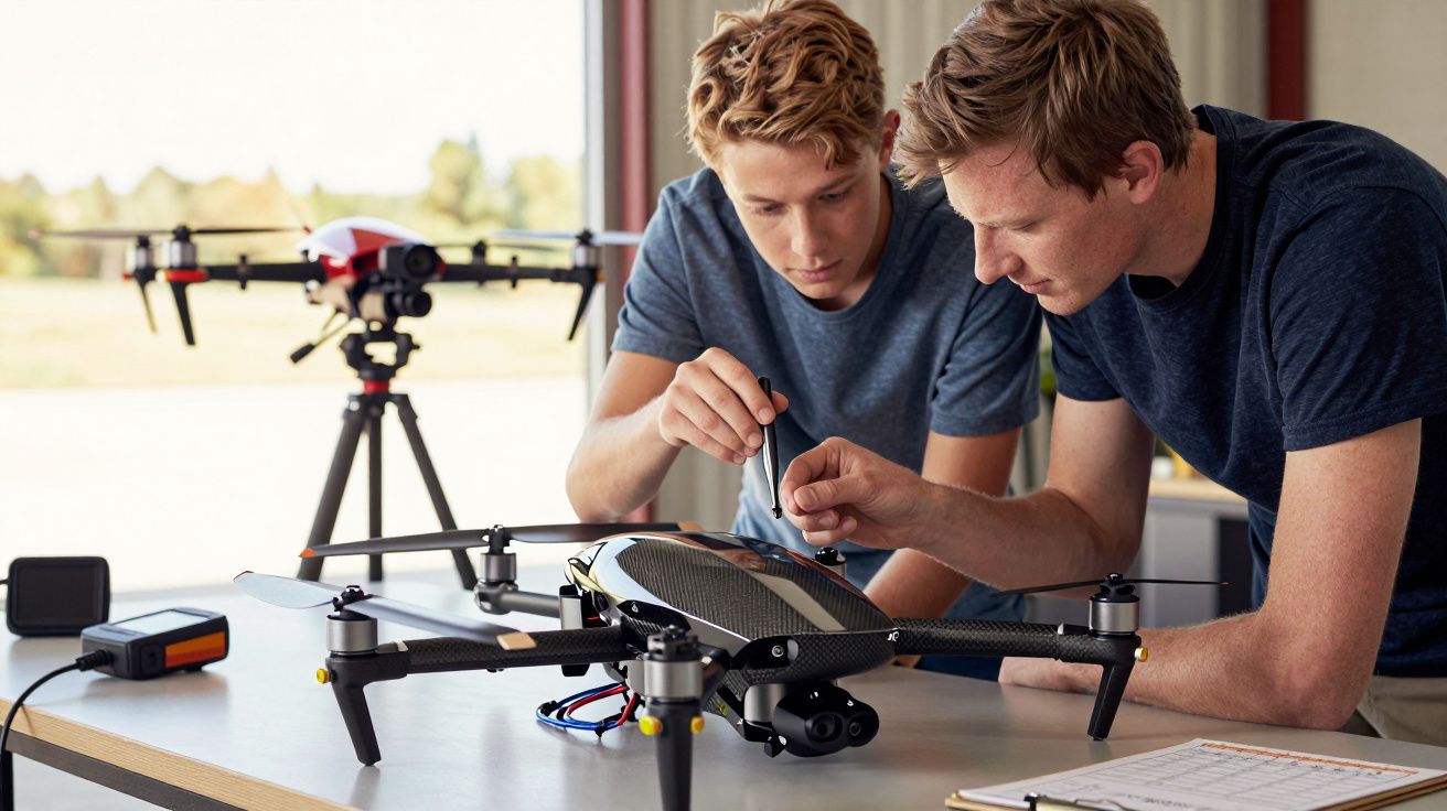 Dois homens a ajustar um drone sobre uma mesa, com outro drone ao fundo.