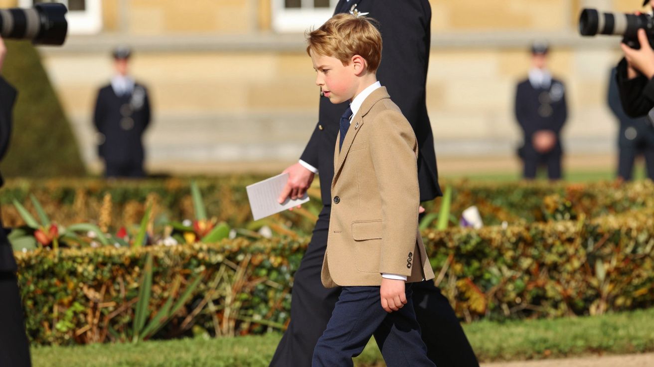 Criança de casaco bege caminha em jardim, acompanhada por adultos e fotógrafos ao fundo.