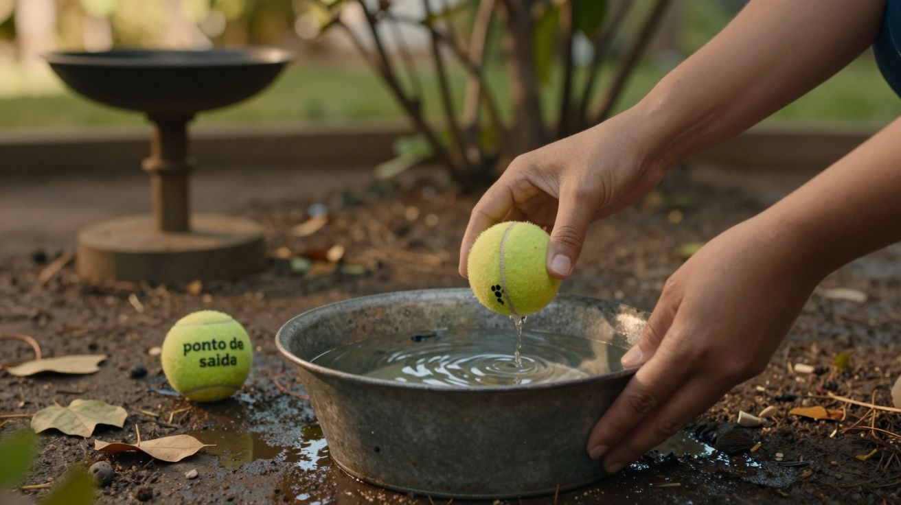 Mãos molham bola de ténis amarela em bacia de metal com água, ao lado de outra bola no chão, num jardim.