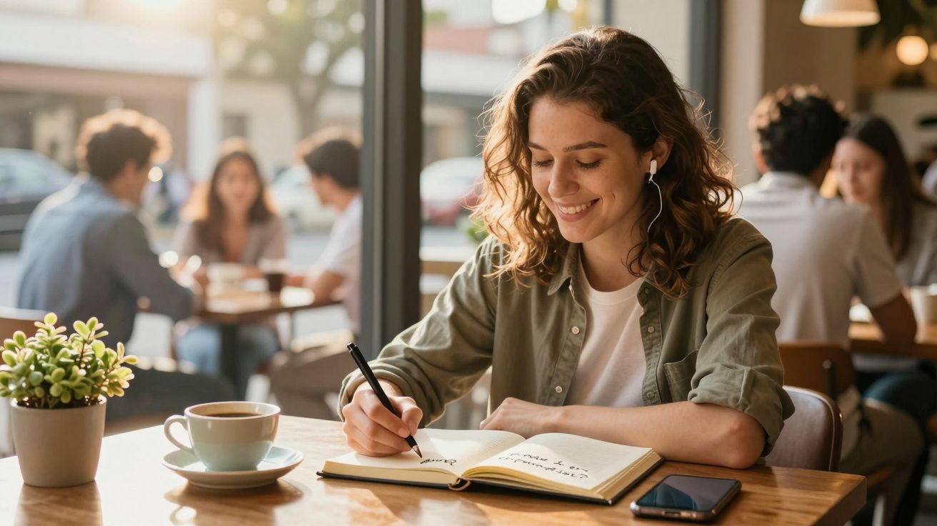 Mulher a sorrir, a escrever num caderno numa cafetaria, com um café e smartphone na mesa ao lado.