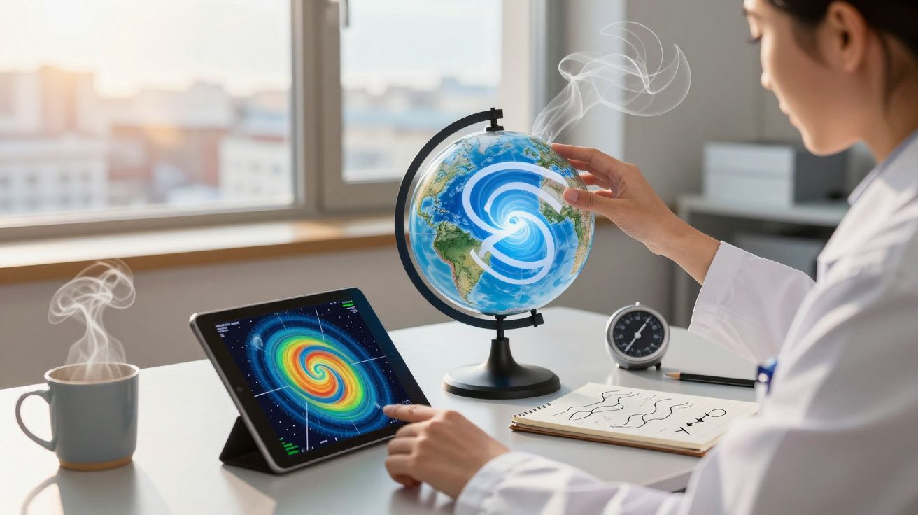 Mulher analisa globo terrestre com ciclone, tablet com imagem de furacão à frente, chá ao lado.