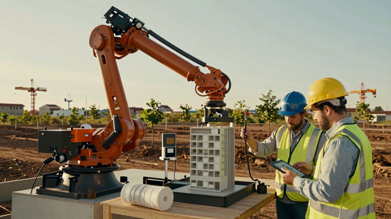 Dois engenheiros operam um braço robótico em estaleiro de construção, verificando um modelo de edifício.