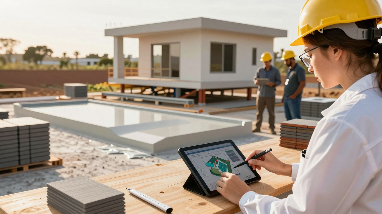 Engenheira com capacete revê plano de construção num tablet em estaleiro, com colegas ao fundo e uma casa modular.