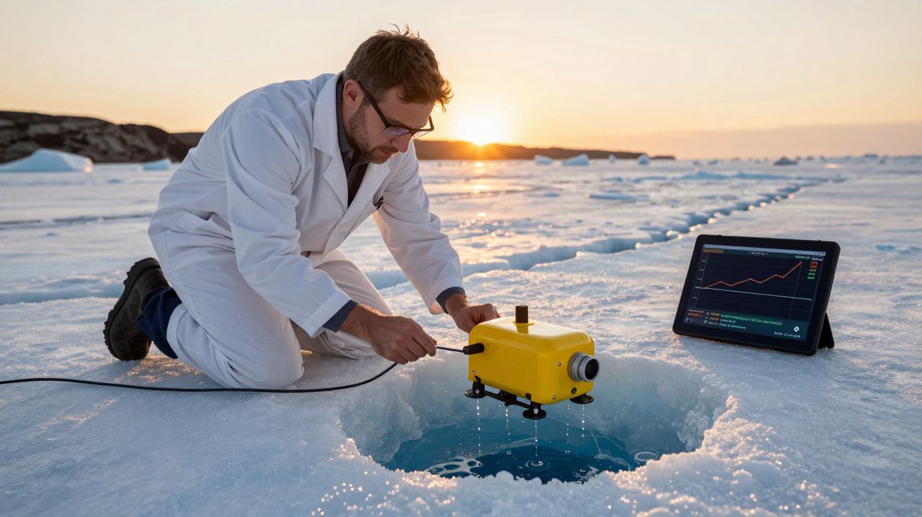 Cientista em roupa branca usa dispositivo amarelo no gelo, monitorizando dados num tablet ao lado de um buraco na neve.